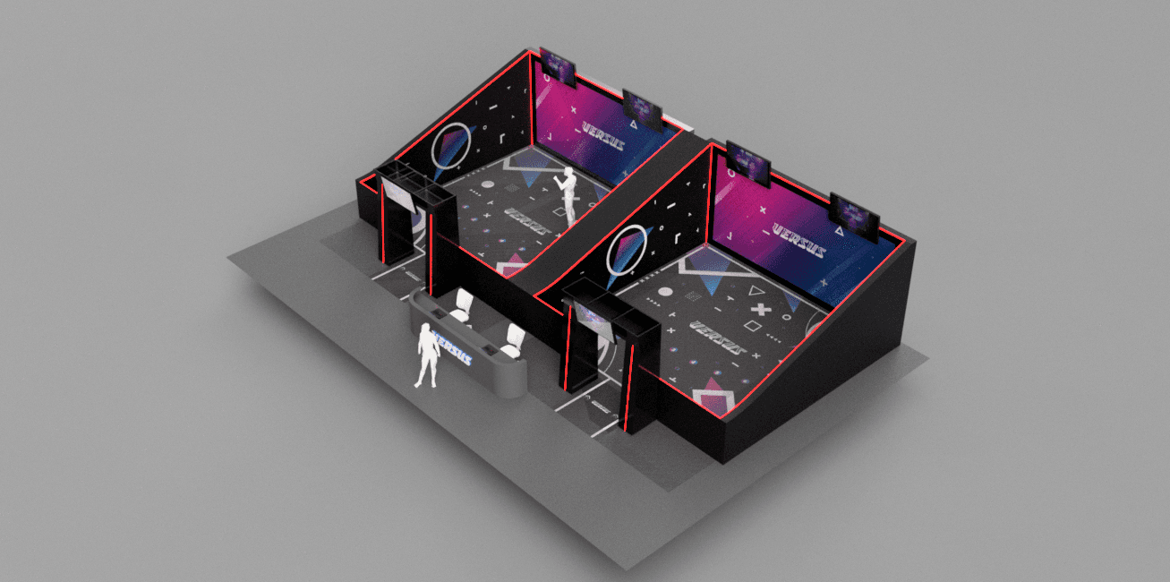 Axonometric system plan of the two-room Versus multiplayer VR installation